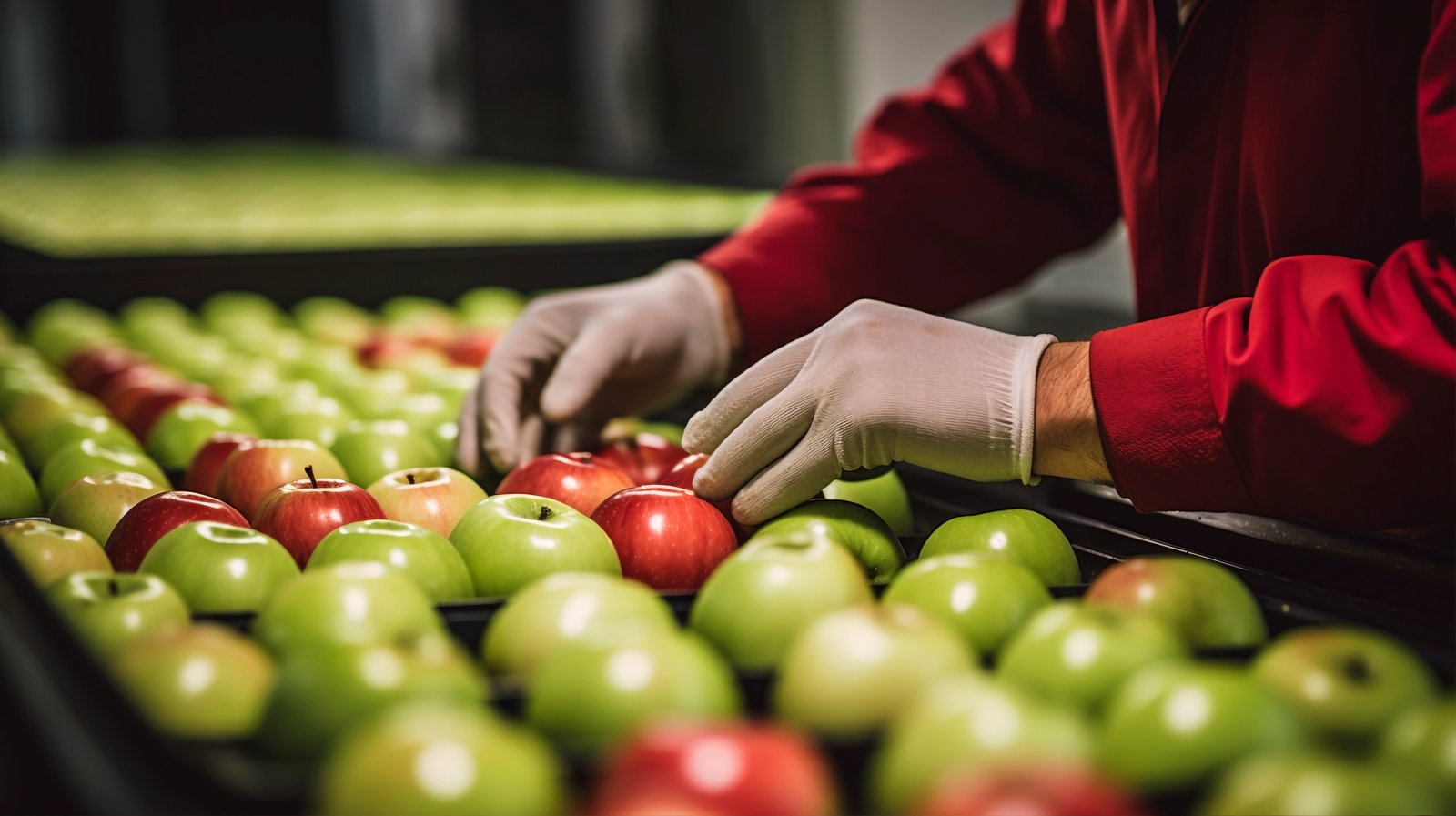 close up hand arranging apples