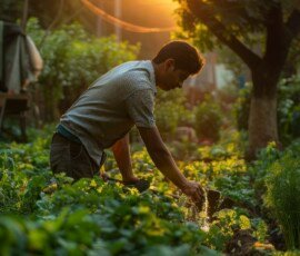A young South Asian man tends to the garden, watering plants and weeding beds. The scene is captured at sunset, with golden light bathing the greenery. --ar 2:3 --stylize 200 Job ID: fdb5bc7f-02ad-4116-ae15-ca499f2fe1d5 man engaged household tasks scenery